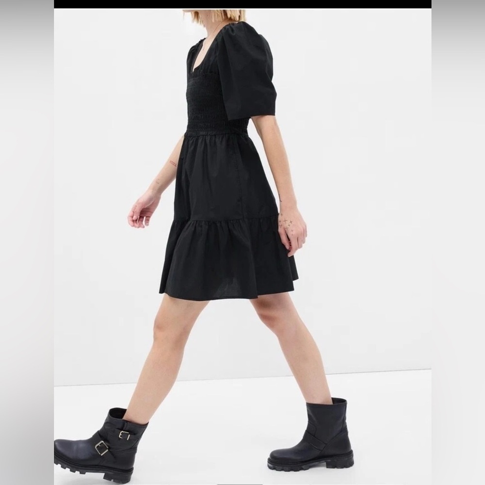 NWT GAP Smocked Puff Sleeve Poplin Cotton Mini Black Dress Grunge Fairy, XS